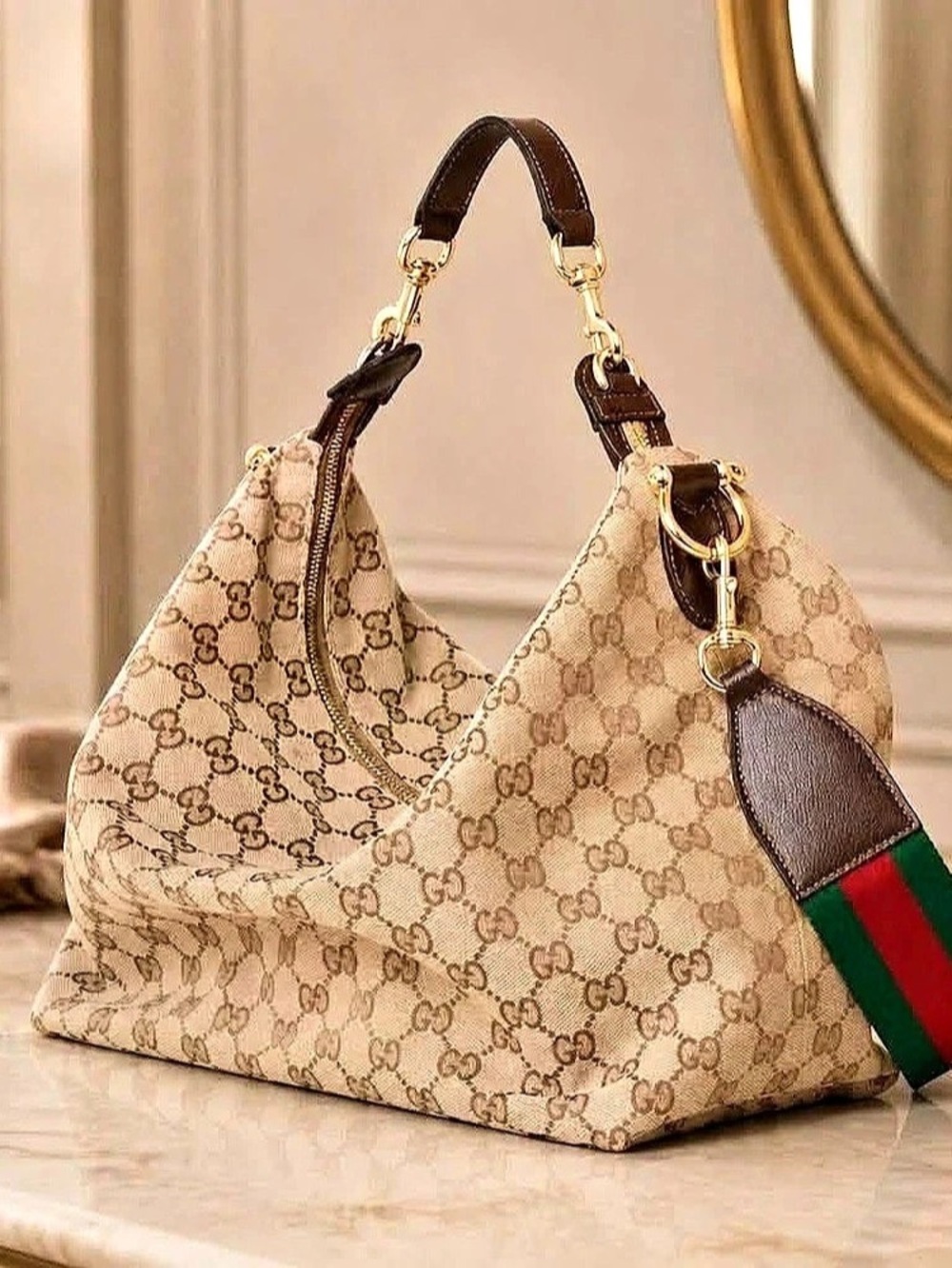 New Ladies GG Canvas Large Hobo Bag Brown & Green